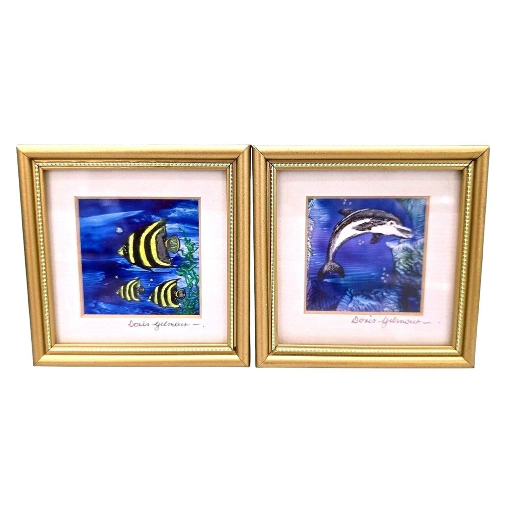 Doris Gilmour Signed Enamel Painting Pair Dolphin Fish Framed Mini Vintage 1980s